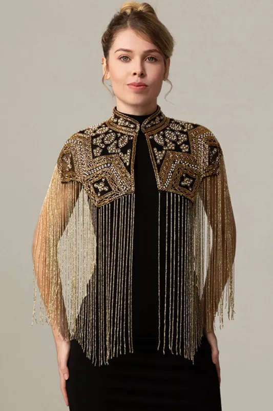 Sparkly Black Golden Beaded 1920s Cape with Fringes sold by Zapaka
