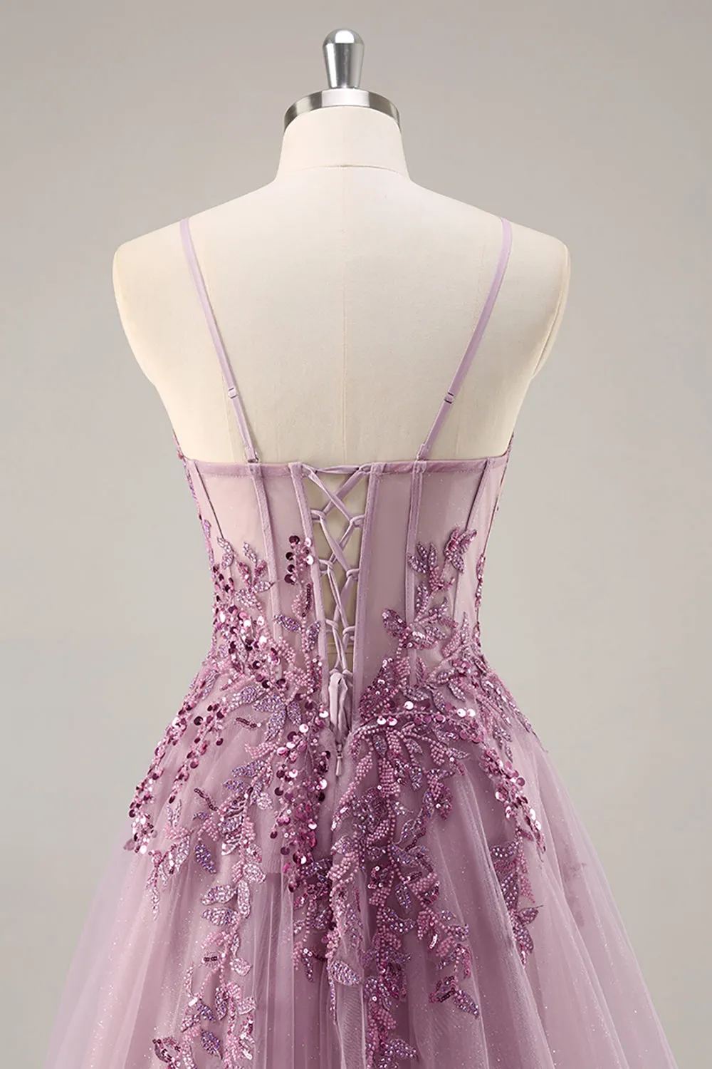 Grey Purple Beaded Corset Applique Long Prom Dress with Slit sold by Zapaka product image thumbnail 5