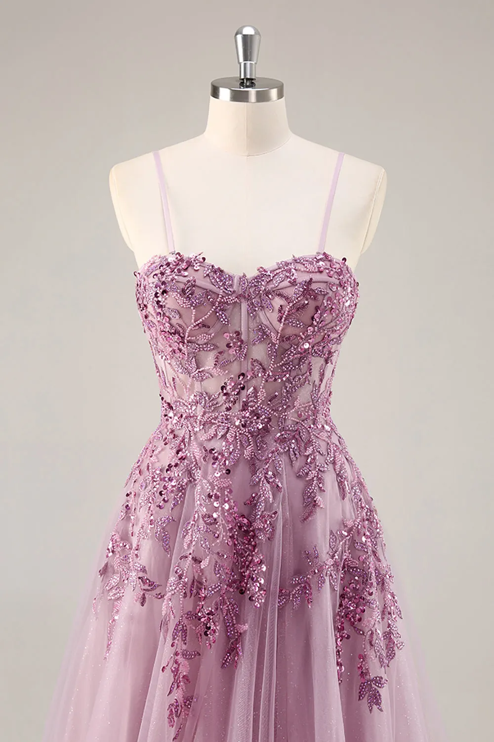 Grey Purple Beaded Corset Applique Long Prom Dress with Slit sold by Zapaka product image thumbnail 4