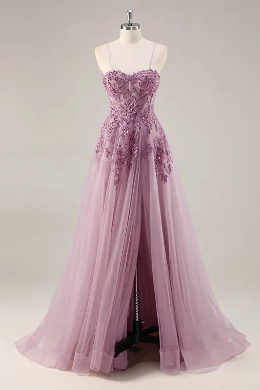 Grey Purple Beaded Corset Applique Long Prom Dress with Slit sold by Zapaka