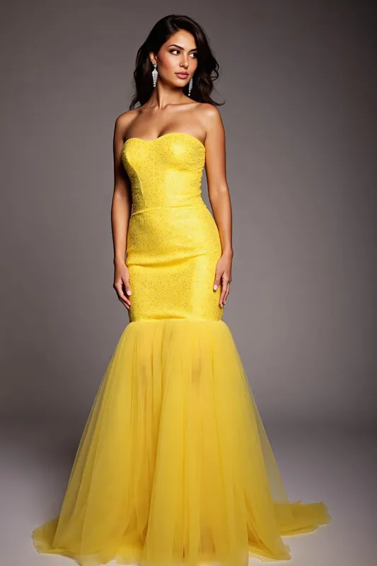 Sparkly Yellow Strapless Mermaid Long Prom Dress with Beading sold by Zapaka