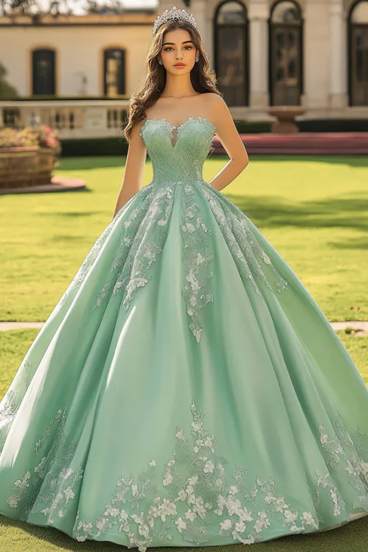 Sage Green Ball Gown Long Strapless Princess Quinceanera Dress with Appliques made by Zapaka