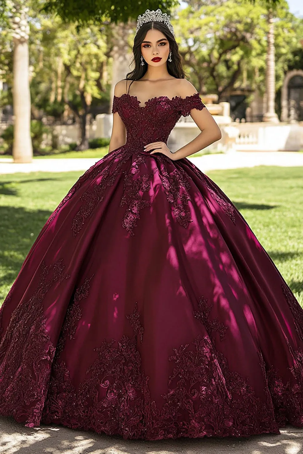 Burgundy Off the Shoulder Ball Gown Long Quinceanera Dress with Lace sold by Zapaka
