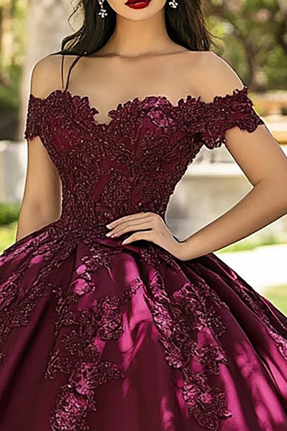Burgundy Off the Shoulder Ball Gown Long Quinceanera Dress with Lace sold by Zapaka product image thumbnail 2