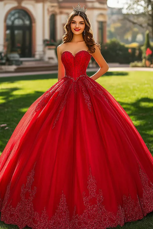 Glitter Red Ball Gown Sweetheart Princess Long Quinceanera Dress made by Zapaka