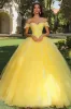 Yellow Tulle Ball Gown Off the Shoulder Long Quinceanera Dress with Lace sold by Zapaka