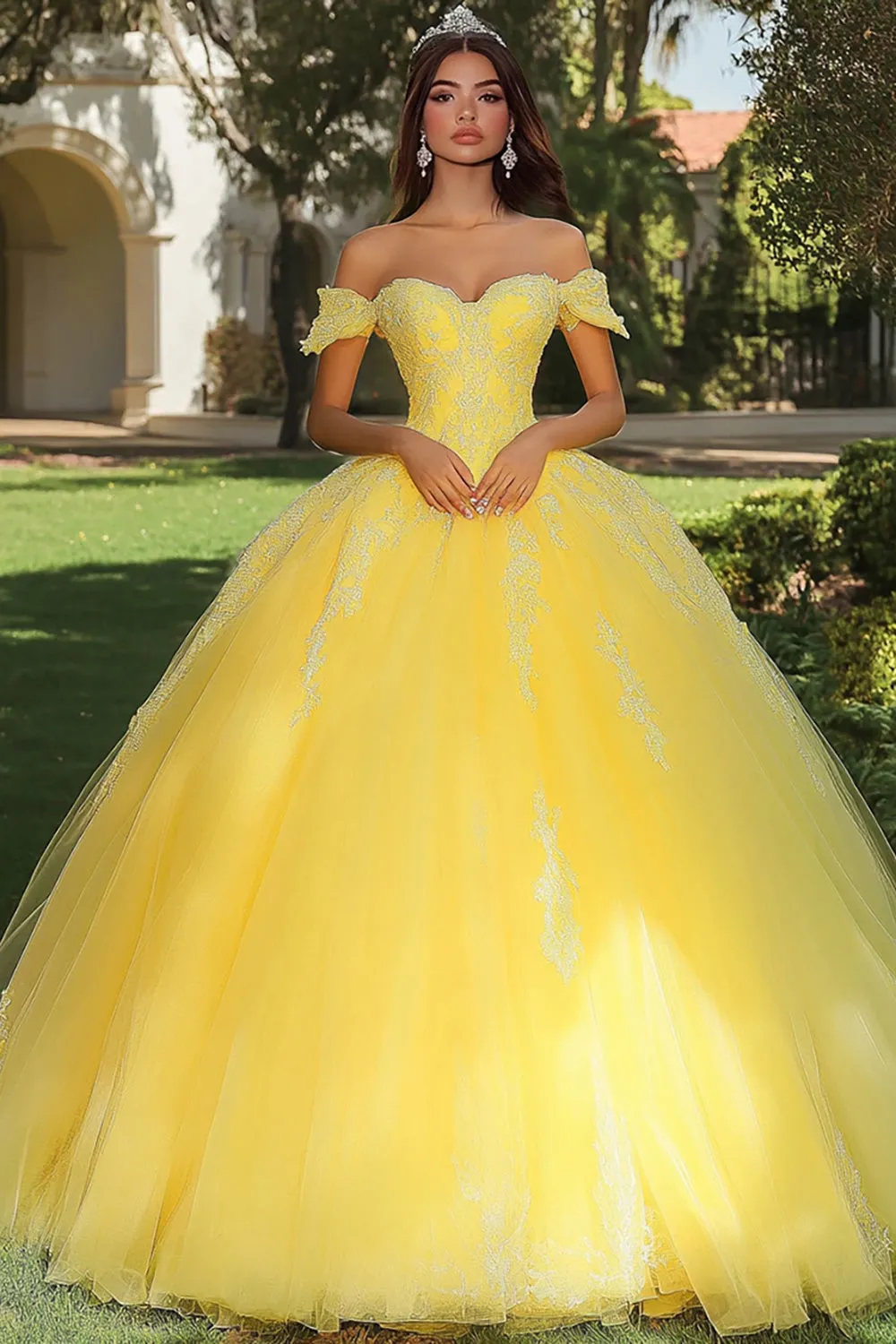 Yellow Tulle Ball Gown Off the Shoulder Long Quinceanera Dress with Lace sold by Zapaka