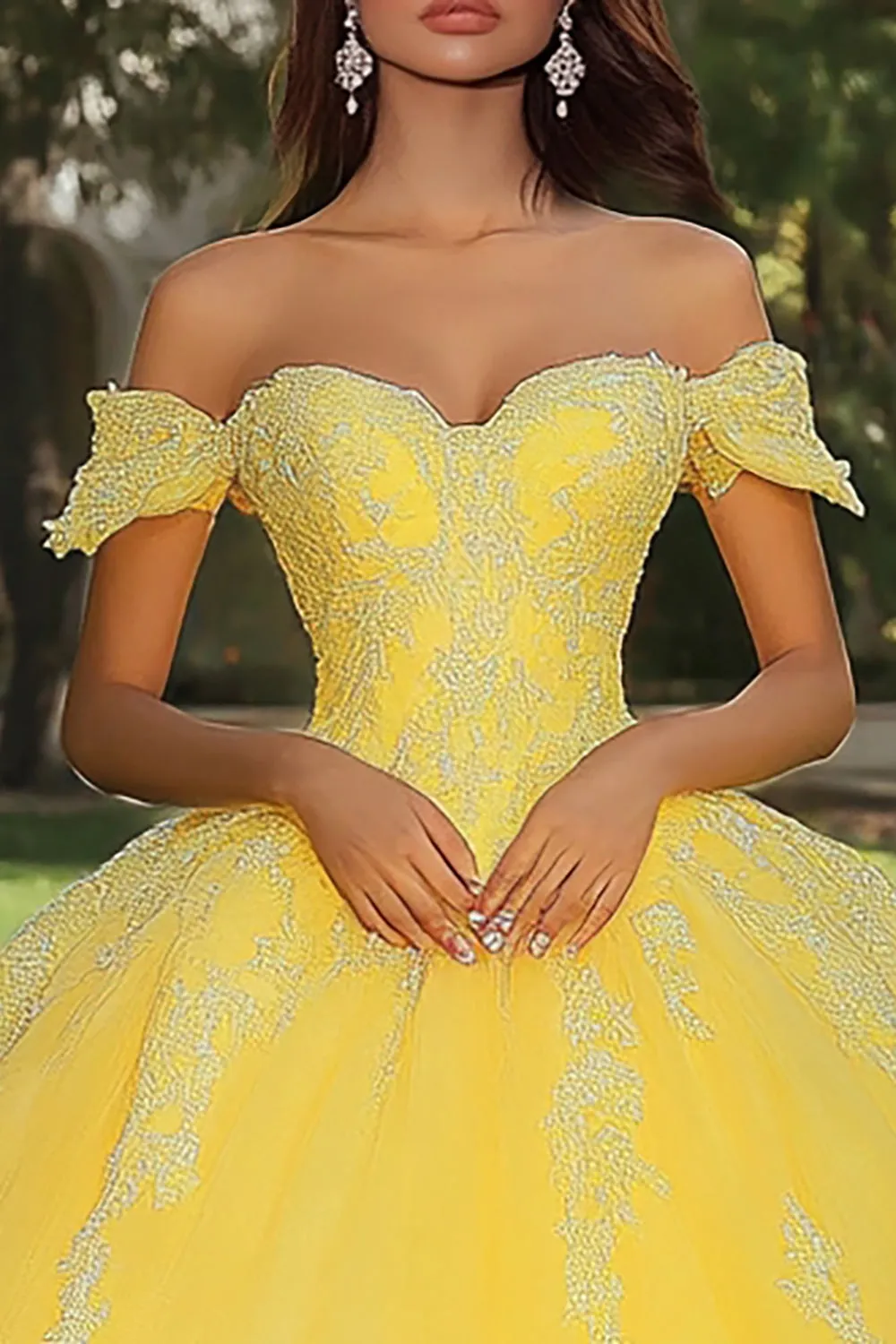 Yellow Tulle Ball Gown Off the Shoulder Long Quinceanera Dress with Lace sold by Zapaka product image thumbnail 2