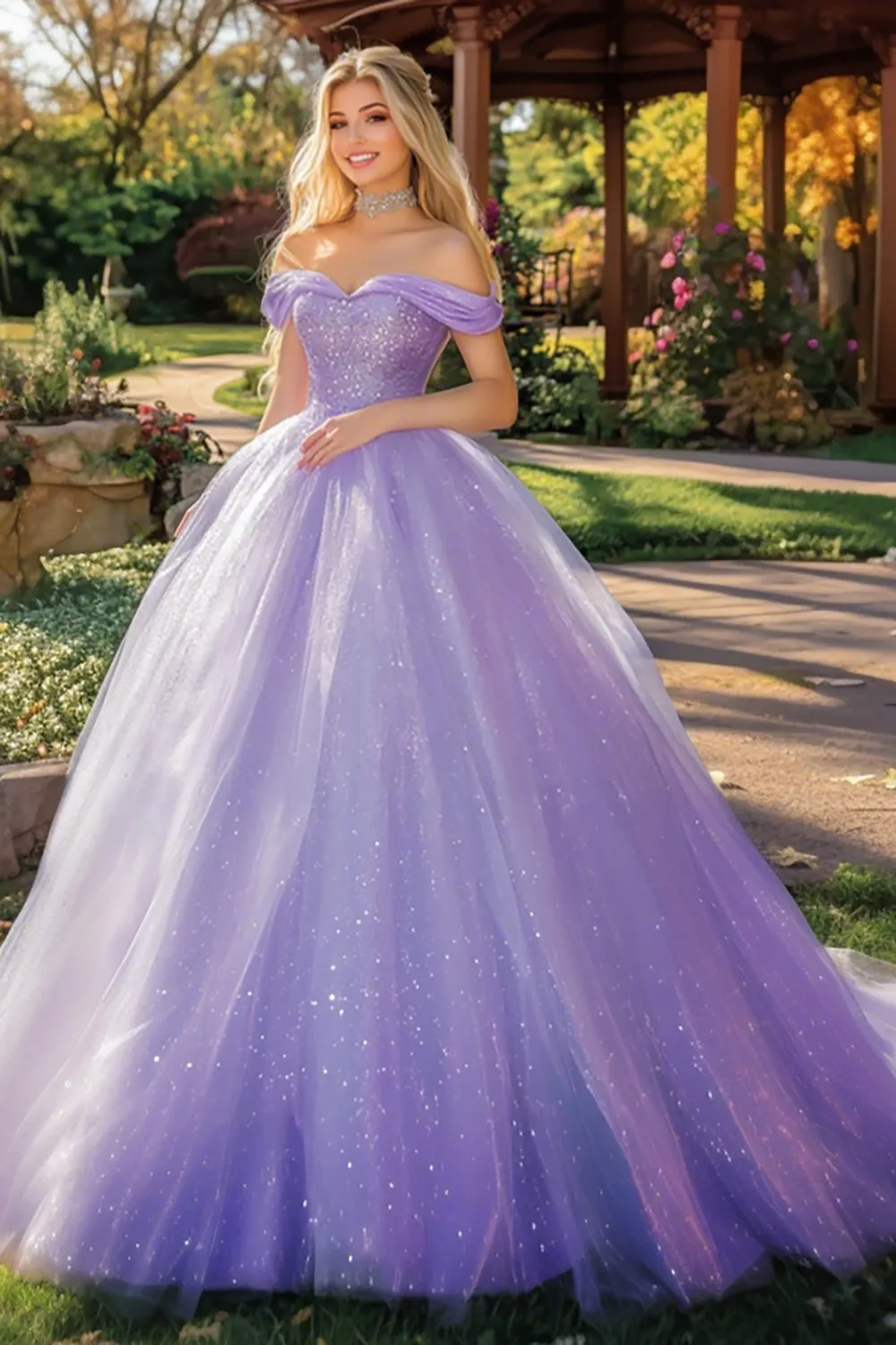 Sparkly Lilac Ball Gown Off the Shoulder Tulle Long Quinceanera Dress with Sequins sold by Zapaka