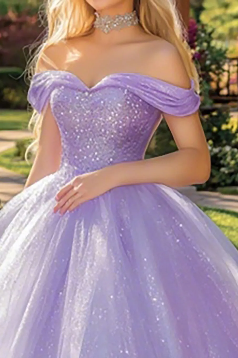 Sparkly Lilac Ball Gown Off the Shoulder Tulle Long Quinceanera Dress with Sequins sold by Zapaka product image thumbnail 2
