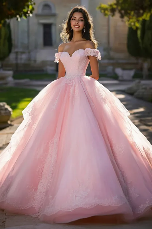 Pink Off the Shoulder Tulle Ball Gown Long Quinceanera Dress with Lace sold by Zapaka