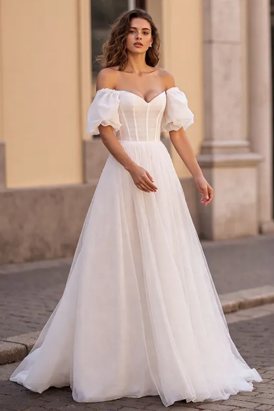 Off The Shoulder Corset Ivory A Line Tulle Wedding Dress sold by Zapaka