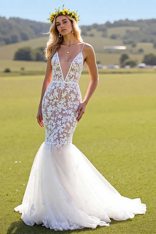 Mermaid Ivory V Neck Appliqued Lace Wedding Dress sold by Zapaka