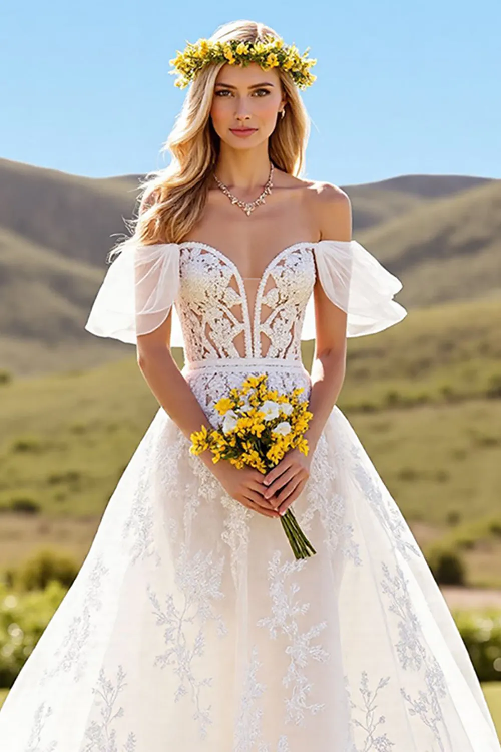Ruffled Off The Shoulder Ivory A Line Wedding Dress sold by Zapaka product image thumbnail 4