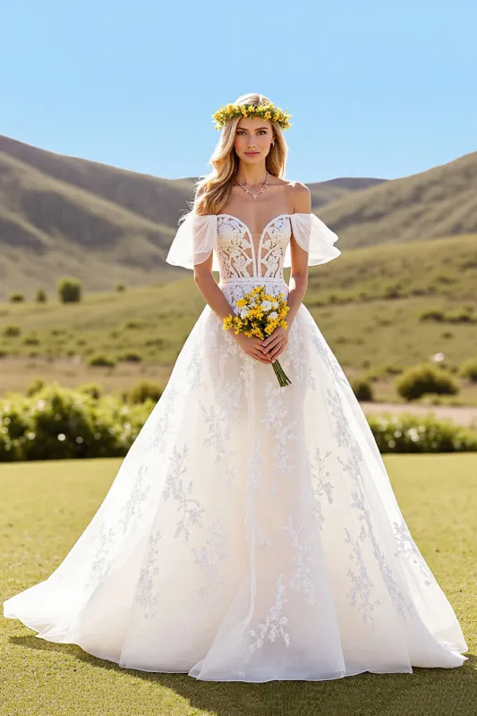 Ruffled Off The Shoulder Ivory A Line Wedding Dress sold by Zapaka