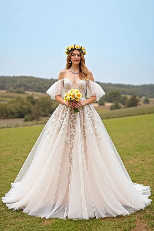 Off The Shoulder Apricot A Line Wedding Dress sold by Zapaka