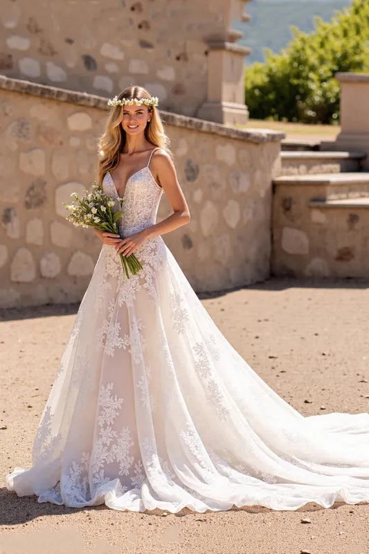 A Line Appliqued V Neck Ivory Lace Wedding Dress sold by Zapaka