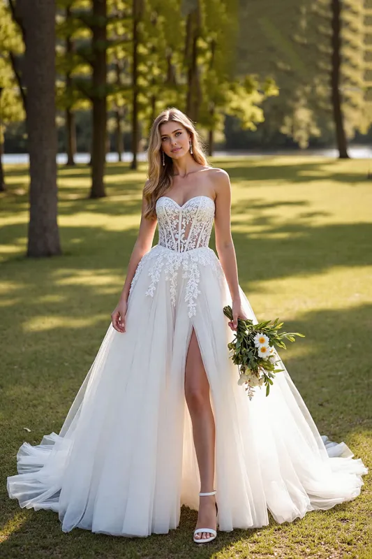Ivory A Line Strapless Corset Tulle Wedding Dress sold by Zapaka