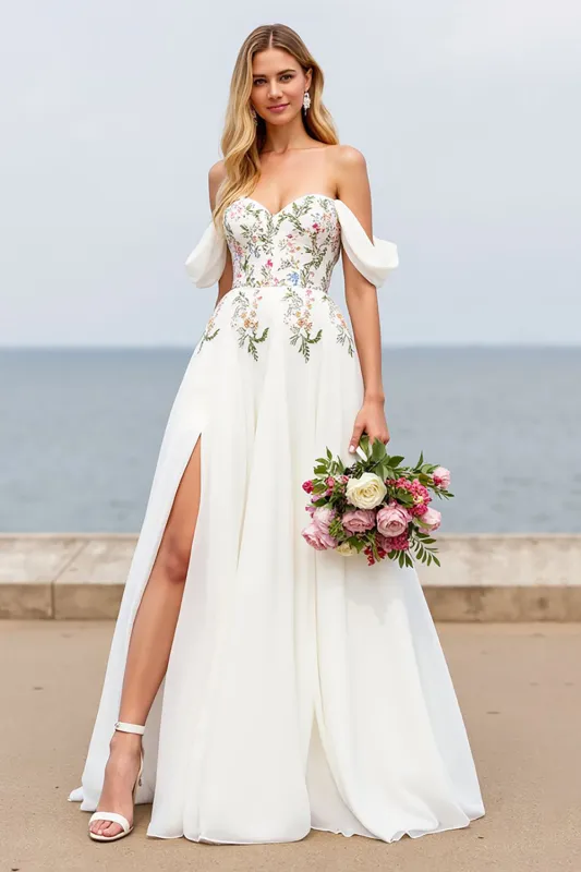 Floral Ivory A Line Off The Shoulder Wedding Dress sold by Zapaka