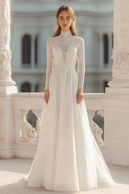 Lace High Neck A Line Ivory Wedding Dress sold by Zapaka