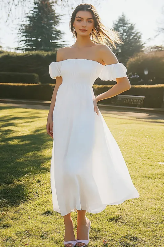Ivory A Line Off the Shoulder Engagement Dress sold by Zapaka