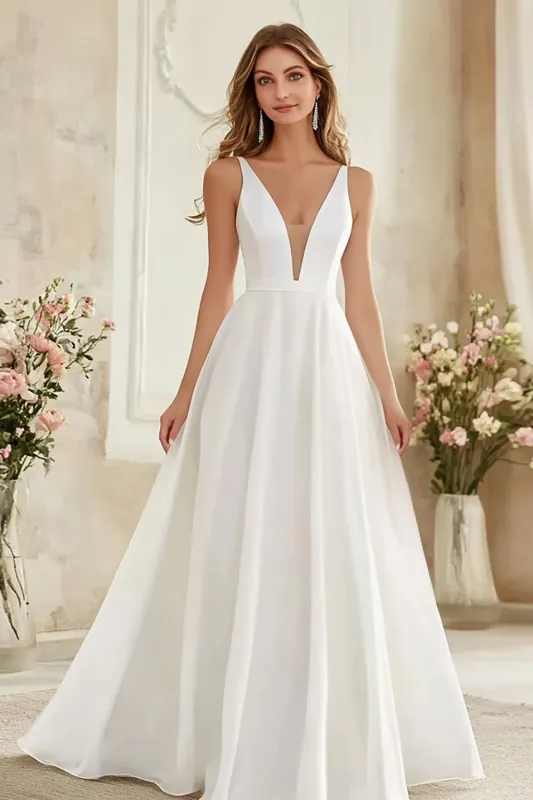 Simple A Line V Neck Ivory Wedding Dress sold by Zapaka