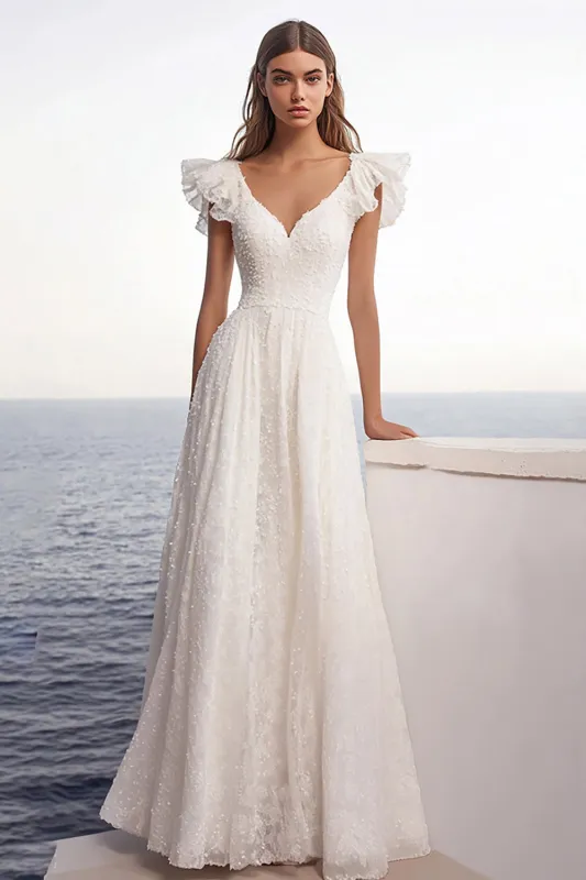 Ivory Ruffle Sleeve A Line Wedding Dress sold by Zapaka