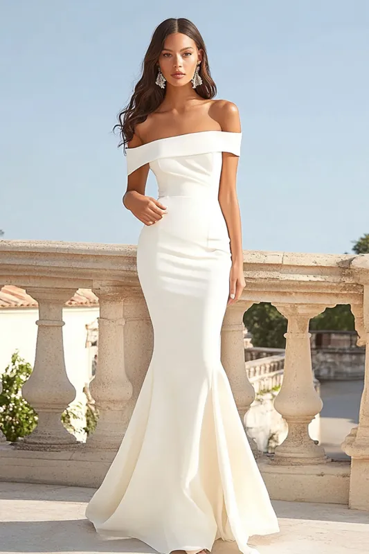 Off the Shoulder Ivory Mermaid Engagement Dress sold by Zapaka
