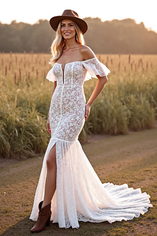 White Off the Shoulder Lace Mermaid Wedding Dress with Slit sold by Zapaka
