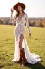 White Mermaid Lace Sweep Train Western Wedding Dress with Slit sold by Zapaka