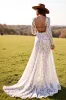 White Mermaid Lace Sweep Train Western Wedding Dress with Slit sold by Zapaka
