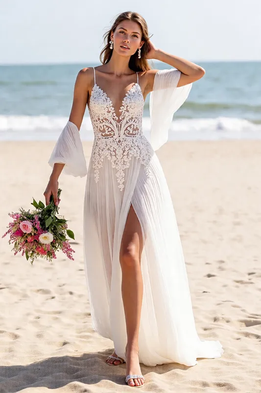 White A Line Chiffon Sweep Train Beach Wedding Dress with Lace sold by Zapaka