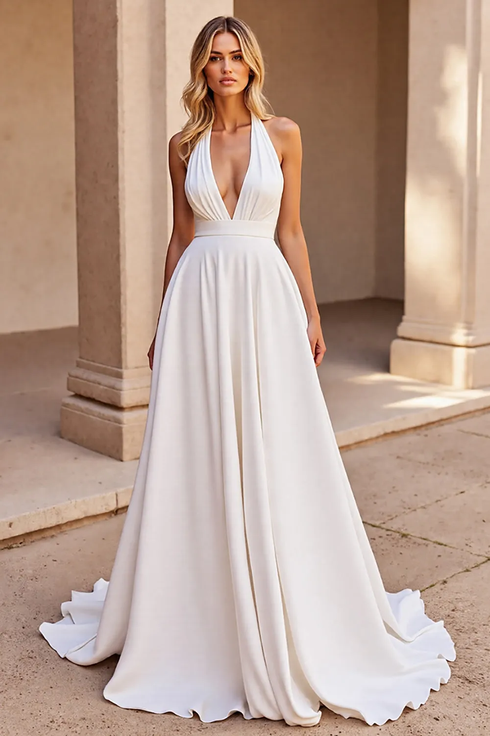 White Simple Halter A Line Sweep Train Wedding Dress sold by Zapaka