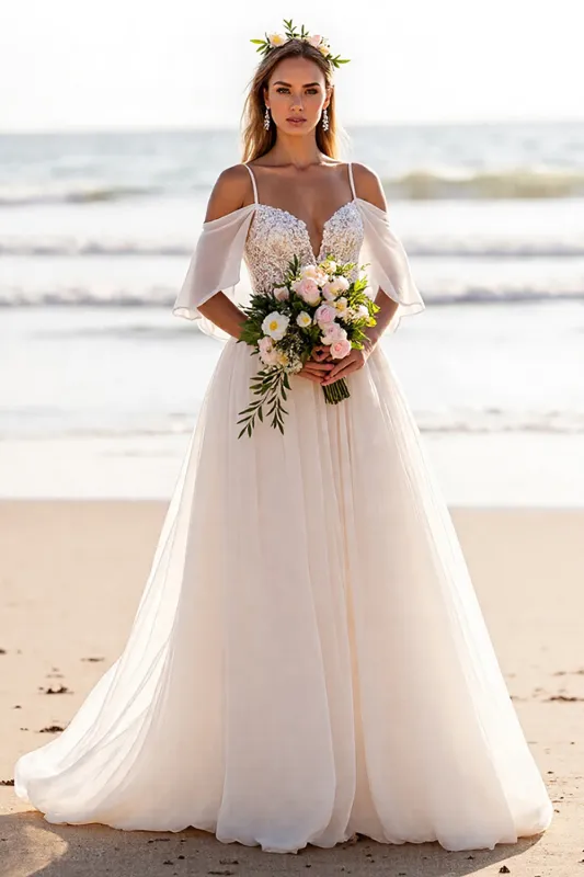 White Cold Shoulder A Line Beach Wedding Dress with Lace sold by Zapaka