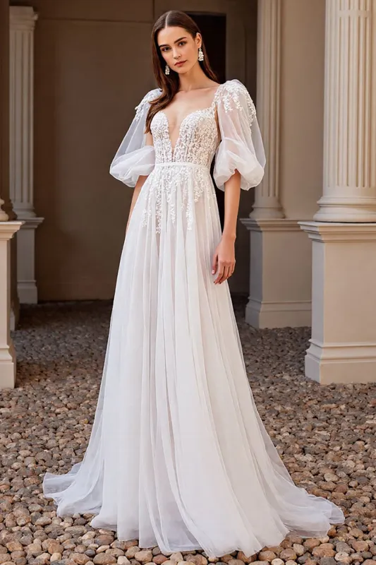 Ivory A Line Half Sleeves Wedding Dress with Lace sold by Zapaka