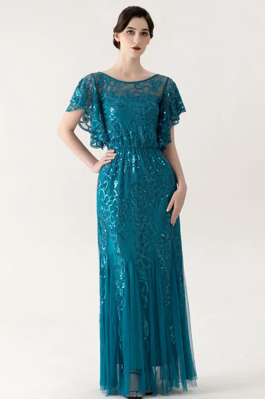 Sparkly Blue Tulle Sheath Long 1920s Dress with Sequins sold by Zapaka
