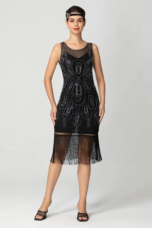 Sparkly Black Fringed Bodycon Beaded Short 1920s Dress with Sequins sold by Zapaka