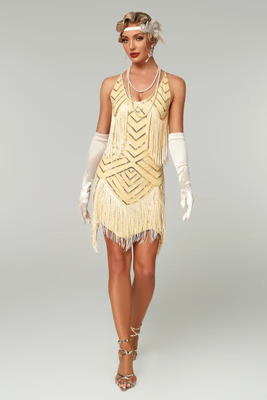 Sparkly Apricot Bodycon Scoop Neck Short 1920s Dress with Fringes sold by Zapaka