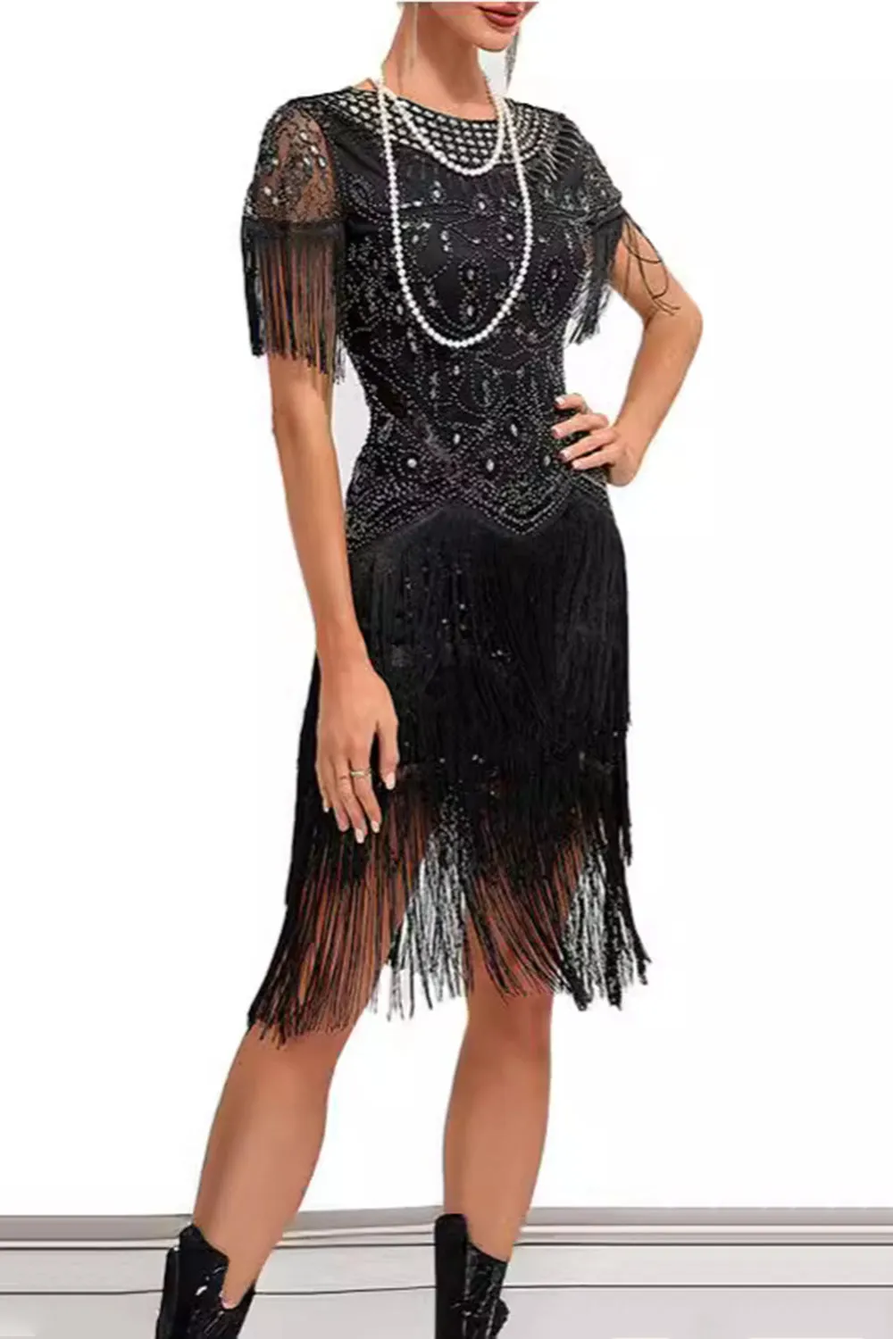 Sparkly Apricot Bodycon Fringed Short 1920s Dress with Rhinestones sold by Zapaka product image thumbnail 3
