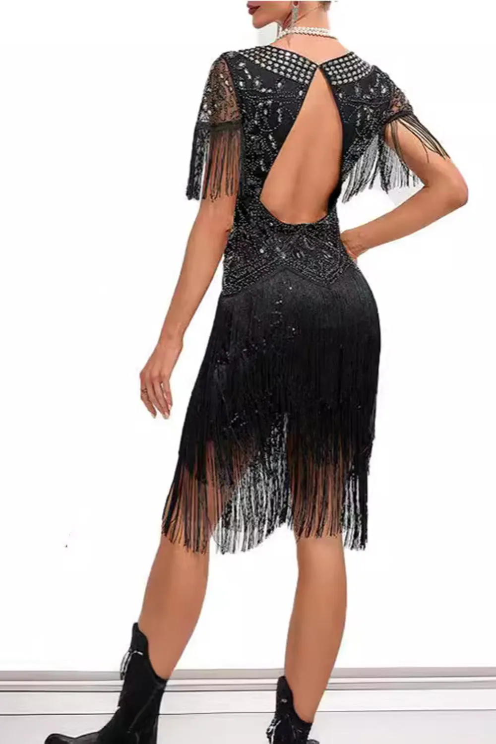 Sparkly Apricot Bodycon Fringed Short 1920s Dress with Rhinestones sold by Zapaka product image thumbnail 4