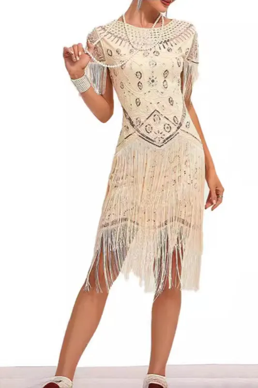 Sparkly Apricot Bodycon Fringed Short 1920s Dress with Rhinestones sold by Zapaka
