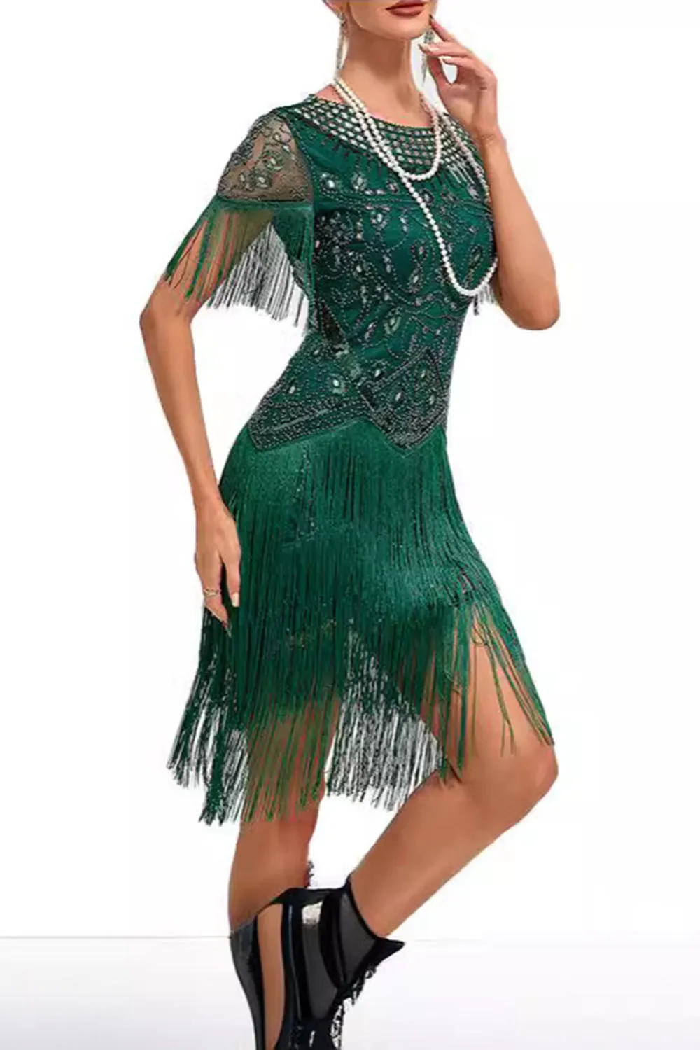 Sparkly Apricot Bodycon Fringed Short 1920s Dress with Rhinestones sold by Zapaka product image thumbnail 5