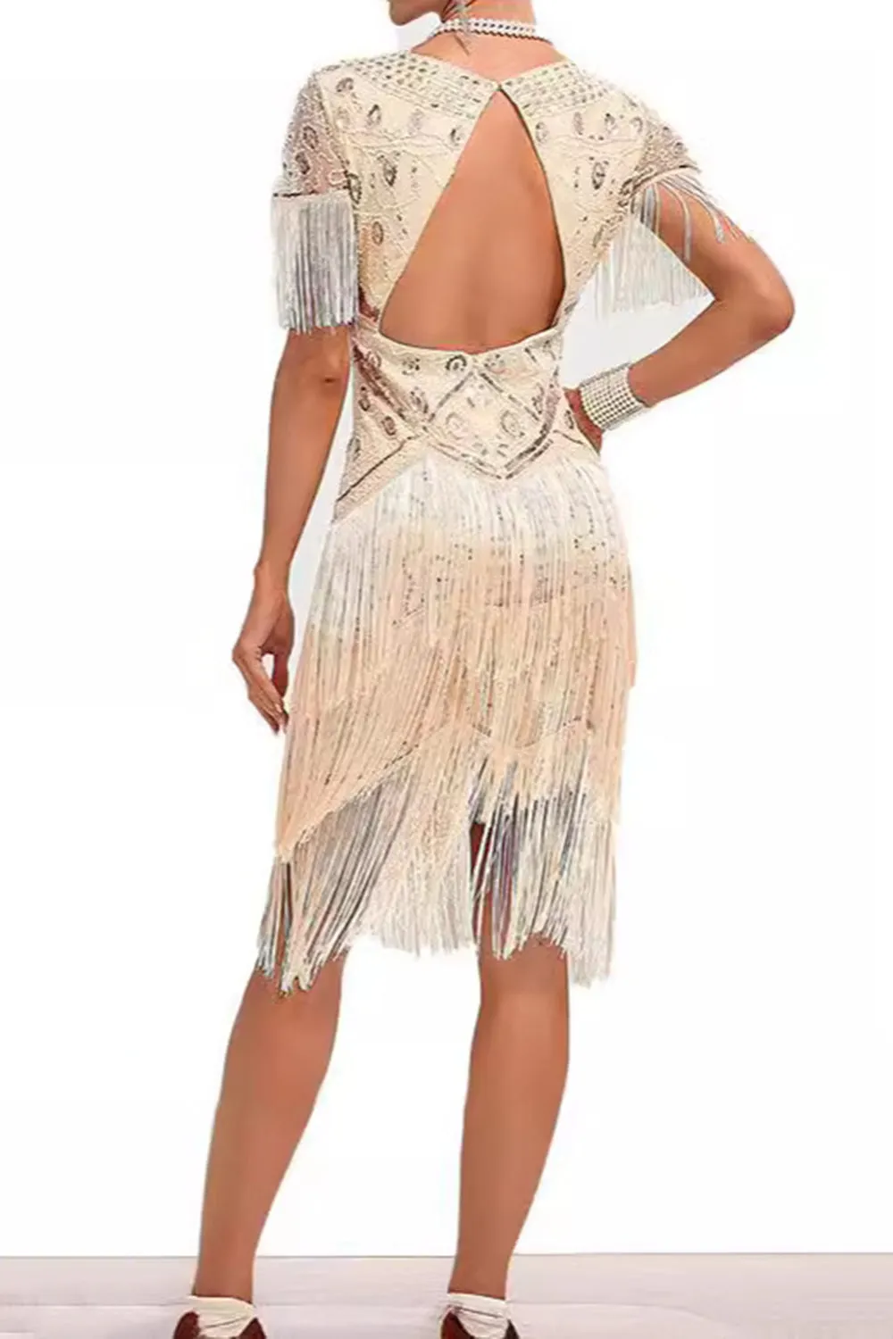 Sparkly Apricot Bodycon Fringed Short 1920s Dress with Rhinestones sold by Zapaka product image thumbnail 2