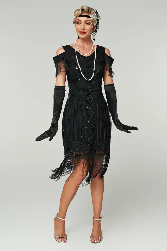 Sparkly Black Cold Shoulder Sequin Short 1920s Dress with Fringes sold by Zapaka