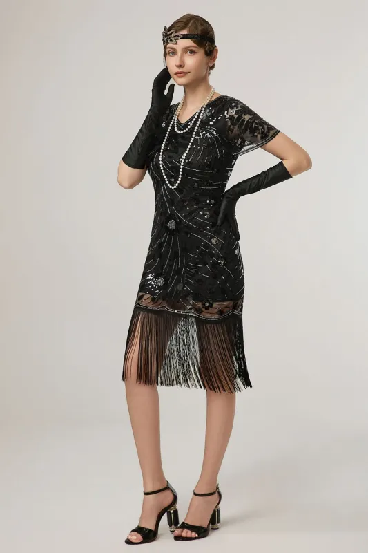 Sparkly Black Sequin Bodycon Short Sleeves 1920s Dress with Fringes sold by Zapaka