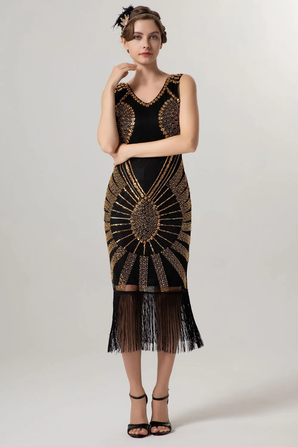 Sparkly Black Golden Bodycon Beaded Short 1920s Dress with Fringes sold by Zapaka