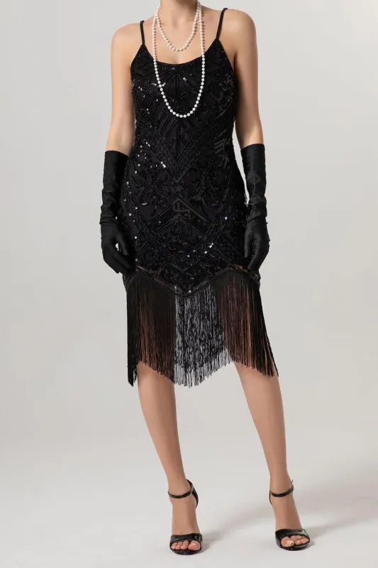 Sparkly Black Sequin Spaghetti Straps Bodycon Short 1920s Dress with Fringes sold by Zapaka