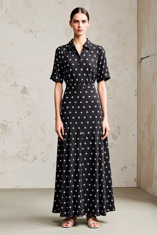 Black Polo Collar A Line Polka Dots Dress sold by Zapaka