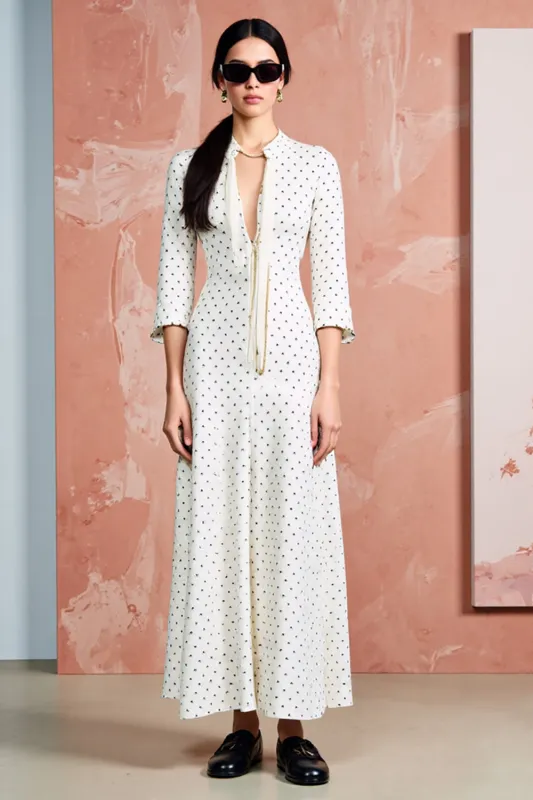 White A Line Long Sleeve Polka Dot Dress sold by Zapaka
