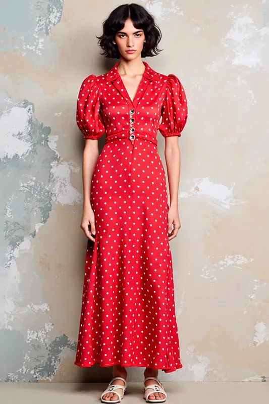 Red A Line Lapel Polka Dot Dress sold by Zapaka